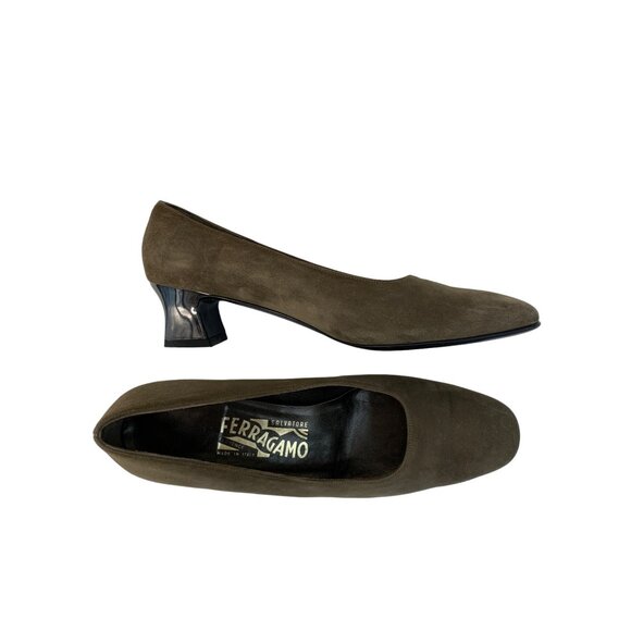 Ferragamo Green Suede Low Chunky Heel Shoes Size 7.5B  Italy 7439 Career EUC - Picture 5 of 10